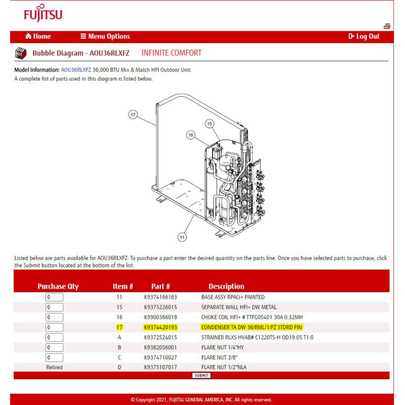 FUJITSU K9374420193 CONDENSER TA DW 36/RML/1/FZ STDRD FIN