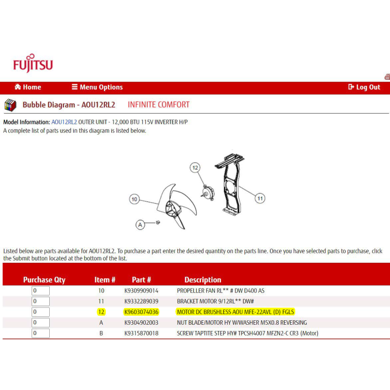 FUJITSU K9603074036 aka 9603074036 MOTOR DC BRUSHLESS AOU MFE-22AVL (D) FGLS