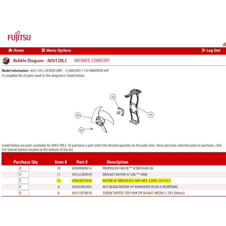 FUJITSU K9603074036 aka 9603074036 MOTOR DC BRUSHLESS AOU MFE-22AVL (D) FGLS