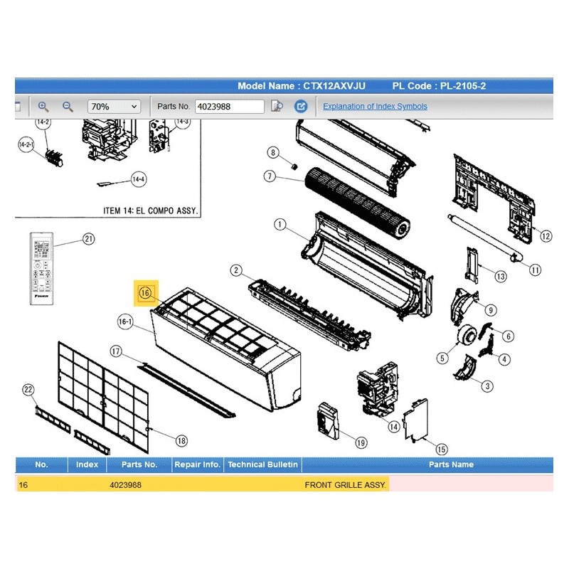 DAIKIN 4023988 FRONT GRILLE ASSY.