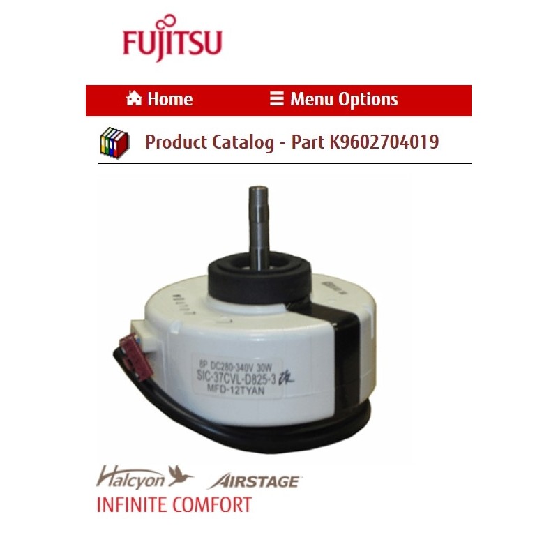 FUJITSU K9602704019 aka 9602704019 MOTOR DC BRUSHLESS W/CHSN HY MFD-12TYAN DC280-340V 8P 30W