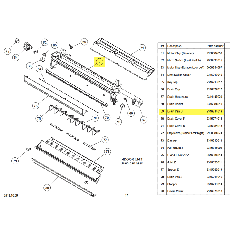 FUJITSU K9316214019 aka 9316214019 DRAIN PAN U HF