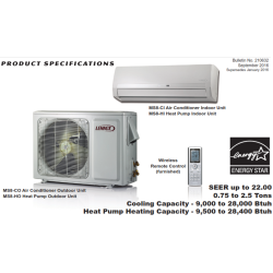 Lennox MS8-HI-09P1A / MS8-HO-09P1A Ductless Mini-Split Heat Pump Single Zone, 0.75 Ton, R-410A